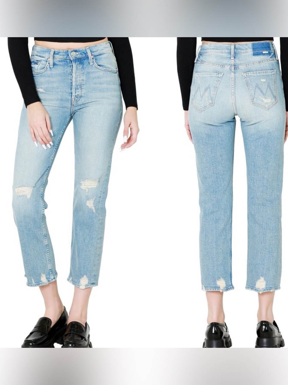 MOTHER Superior The Tomcat Distressed Jeans Confession Wash Cropped Denim Sz 26